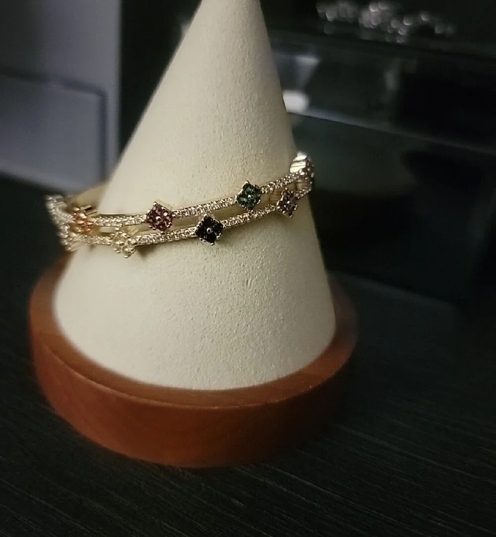 Gold Multicolor CZ Station Clover Bangle Bracelet